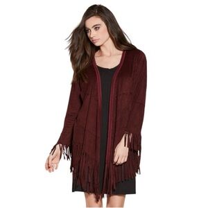 BOUTIQUE POL Women's Vampy Boho Western Maroon Suede Fringe Cardigan Sz M